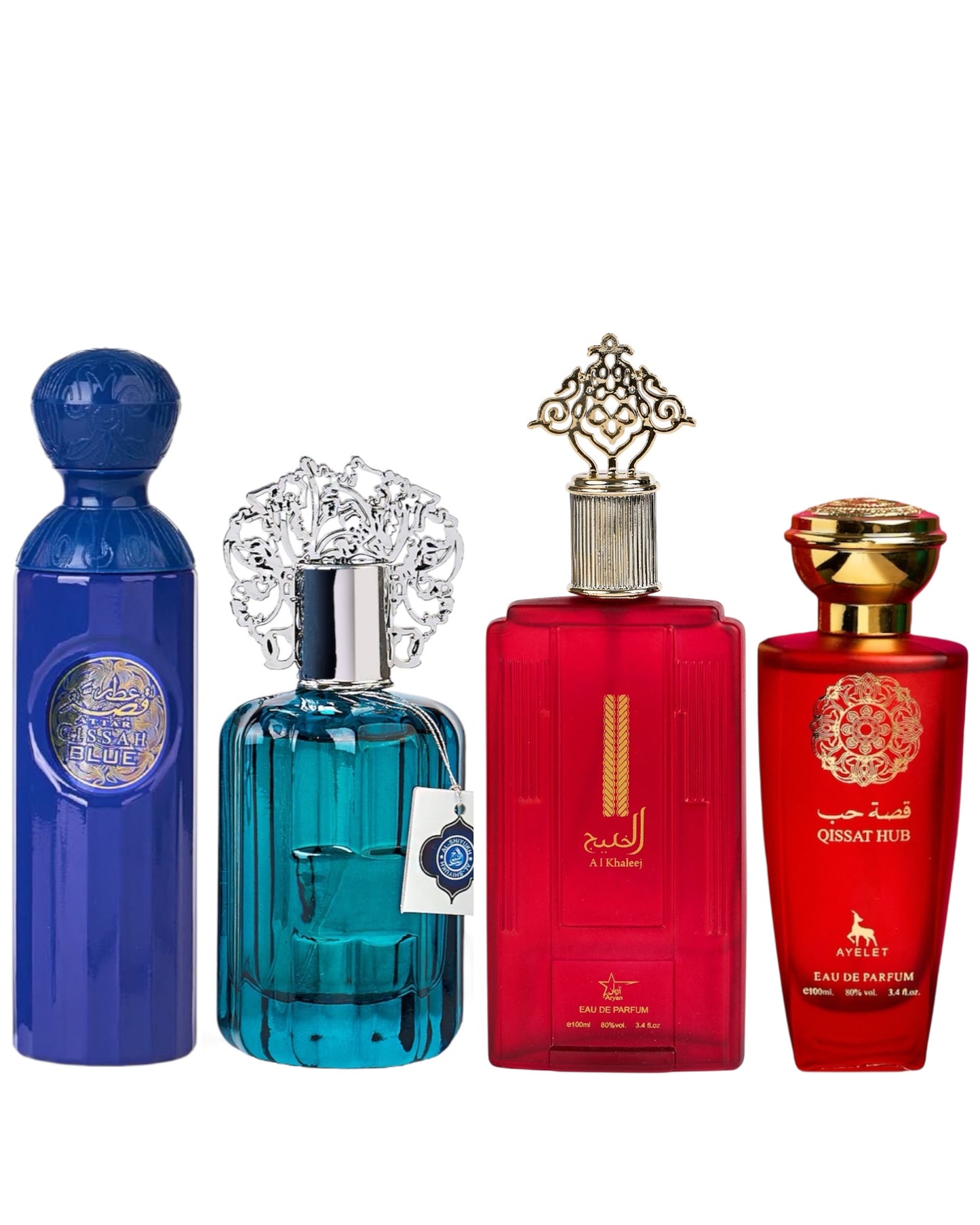 Set 4 Parfumuri Orientale ( 2xDama + 2xBarbat ) - Gissah Blue + Majd Al Emarat + Lamast + Qissat Red