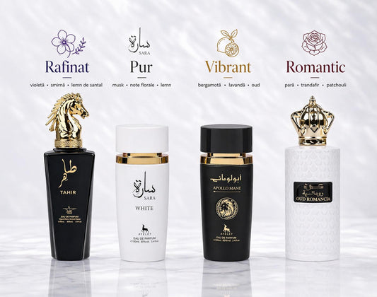 Set 4 Parfumuri Orientale ( 2xDama + 2xBarbat) - Tahir + Sara White + Apollo Black + Oud Romancia