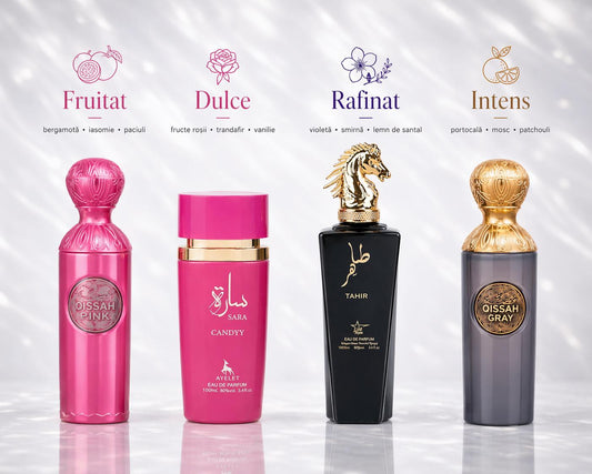 Set 4 Parfumuri Orientale ( 2xDama + 2xBarbat ) - Qissah Pink + Sara Candy + Tahir +  Qissah Grey