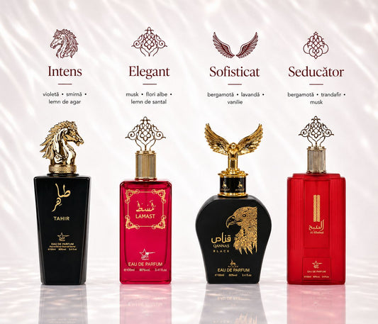Set 4 Parfumuri Orientale ( 2xDama + 2xBarbat) - Tahir + Lamast + Al Khaleej + Qannas Black