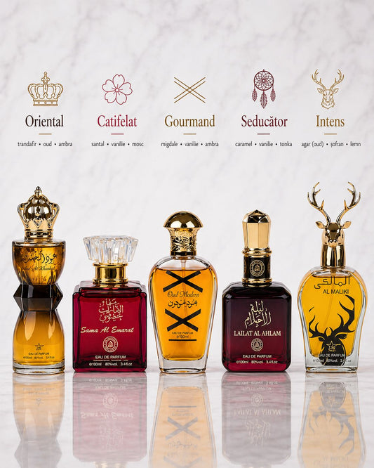 Set 5 Parfumuri Orientale ( 3xDama + 2xBarbat ) - Oud al Khashab + Sama Emarat + Oud Modern + Lailat Ahlam + Maliki