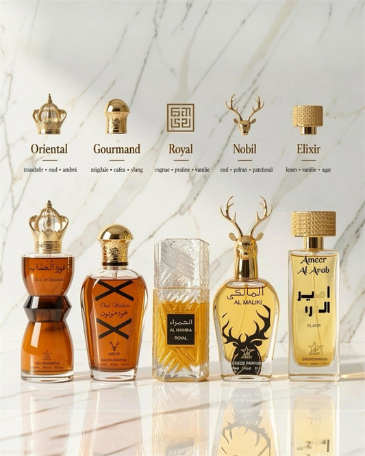 Set 5 Parfumuri Orientale De Barbati -  Oud Al Khashab + Oud Modern + Al Hamra Royal + Maliki + Ameer al Oud Elixir