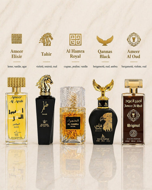 Set 5 Parfumuri Orientale De Barbati - Ameer Arab Elixir + Tahir + Qannas Black + Ameer Oud Original + Al Hamra Royal