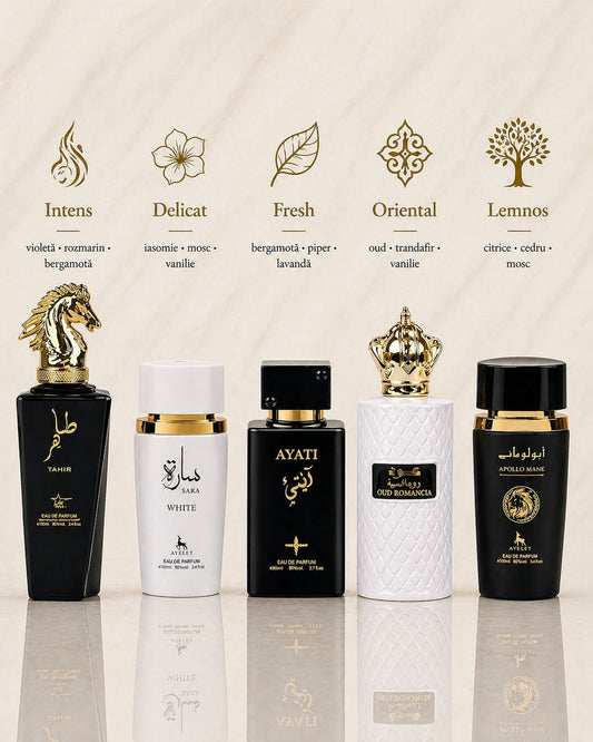 Set 5 Parfumuri Orientale ( 2xDama + 3xBarbat) - Tahir + Sara White + Apollo Black + Oud Romancia + Ayati Black