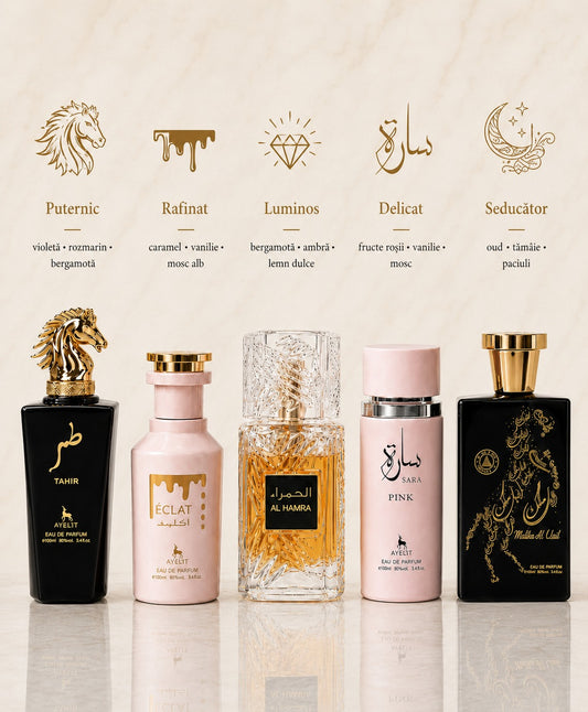 Set 5 Parfumuri Orientale ( 2xDama + 3xBarbat) - Tahir + Eclat + Al Hamra Royal + Sara Pink + Malik al Lail