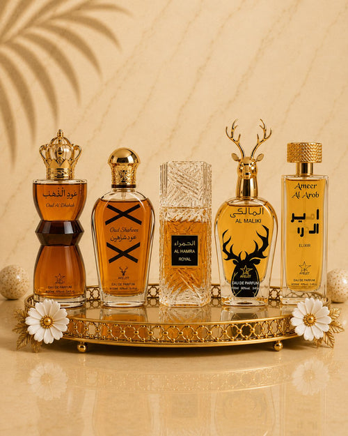 Set 5 Parfumuri Orientale De Barbati -  Oud Al Khashab + Oud Modern + Al Hamra Royal + Maliki + Ameer al Oud Elixir
