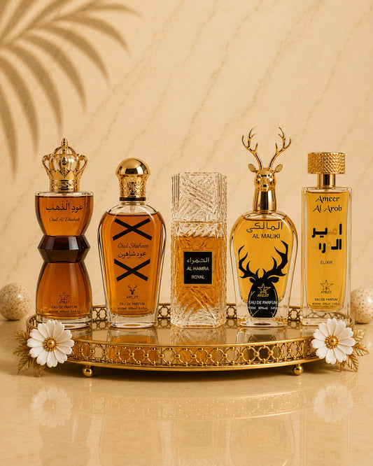 Set 5 Parfumuri Orientale De Barbati -  Oud Al Khashab + Oud Modern + Al Hamra Royal + Maliki + Ameer al Oud Elixir