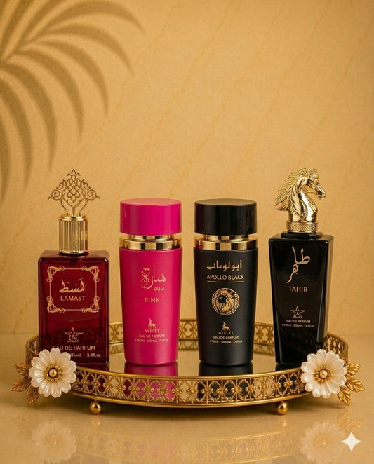 Set 4 Parfumuri Orientale ( 2xDama + 2xBarbat) - Lamast + Sara Candy + Apollo Black + Tahir