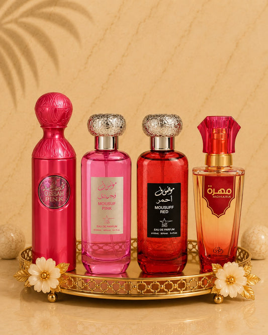 Set 4 Parfumuri Orientale De Dama - Qissah Pink + Mousuff Pink + Mousuff Red + Mohara