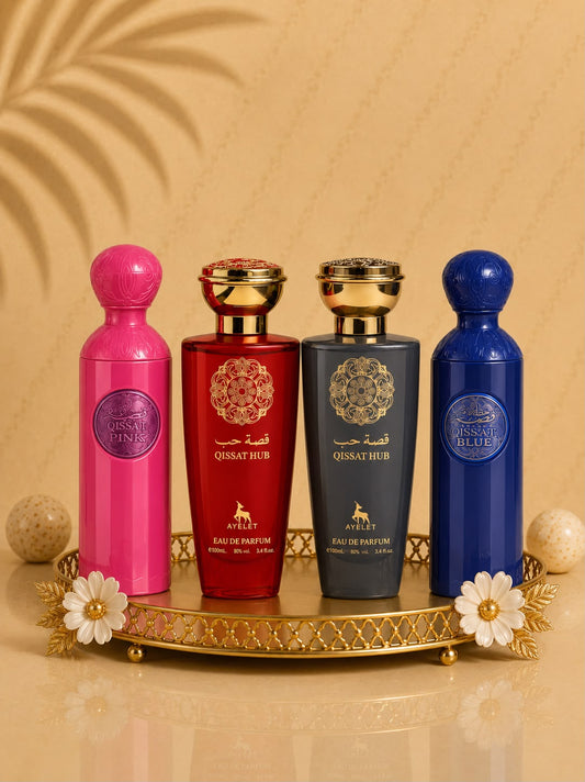Set 4 Parfumuri Orientale ( 2xDama + 2xBarbat ) - Attar Gissah Blue + Qissat Hub Grey + Qissat Hub Red + Qissah Pink