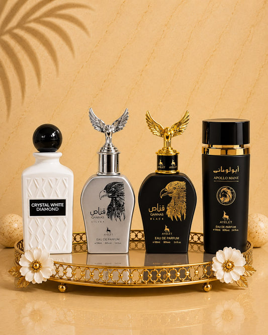 Set 4 Parfumuri Orientale Barbatesti - Crystal White + Qannas Black + Qannas Silver + Apollo Black