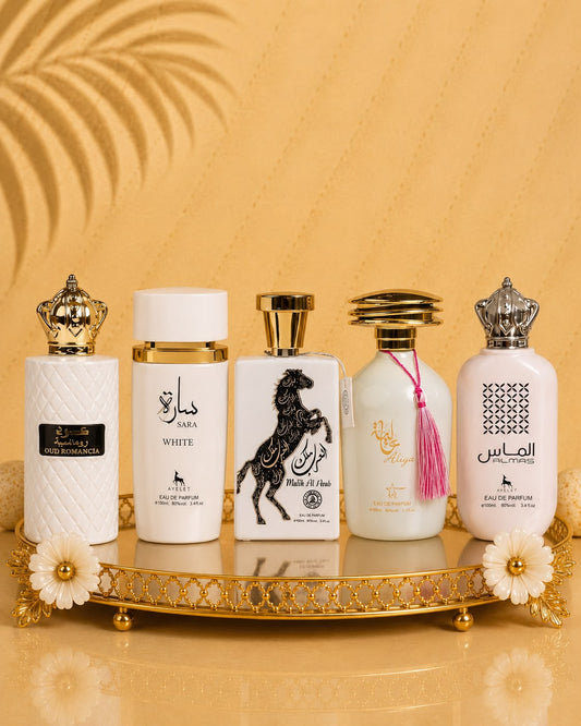 Set 5 Parfumuri Orientale ( 3xDama + 2xBarbat) - Sara White + Oud Romancia + Malik al Arab + Aliya + Almas