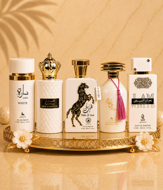 Set 5 Parfumuri Orientale ( 3xDama + 2xBarbat) - Sara White + Oud Romancia + Malik al Arab + Aliya + Ana Al Abiyad