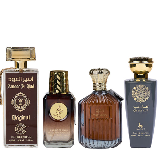 Set 4 Parfumuri Orientale de Barbati - Ameer Original + Dirham Oud + The King + Qissat Hub Grey