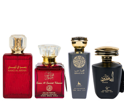 Set 4 Parfumuri Orientale ( 2xDama + 2xBarbat) - Ramz + Sama Al Emarat + Qissat Hub Grey + Khulood