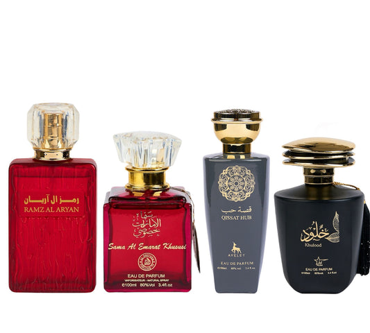 Set 4 Parfumuri Orientale ( 2xDama + 2xBarbat) - Ramz + Sama Al Emarat + Qissat Hub Grey + Khulood