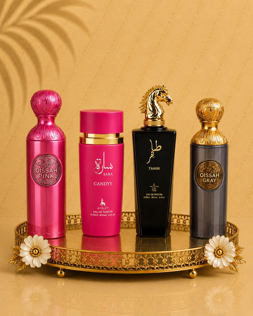 Set 4 Parfumuri Orientale ( 2xDama + 2xBarbat ) - Qissah Pink + Sara Candy + Tahir +  Qissah Grey