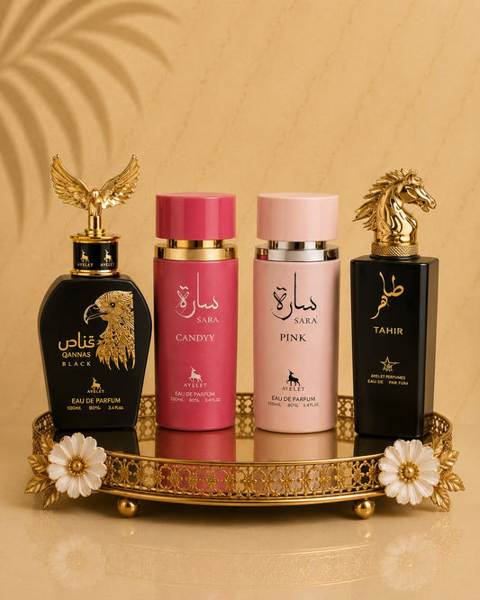 Set 4 Parfumuri Orientale ( 2xDama + 2xBarbat ) - Qannas Black + Sara Candy + Sara Pink + Tahir