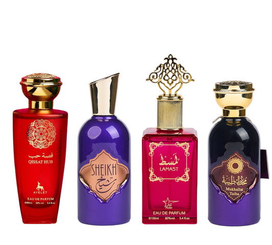 Set 4 Parfumuri Orientale ( 2xDama + 2xBarbat ) - Qissat Hub Red + Sheik + Lamast + Mukhallat Taiba