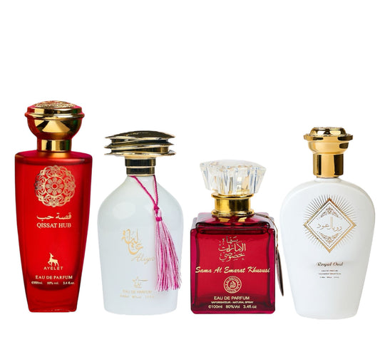 Set 4 Parfumuri Orientale de Dama - Qissat Hub Red + Aliya + Sama Al Emarat + Royal Oud