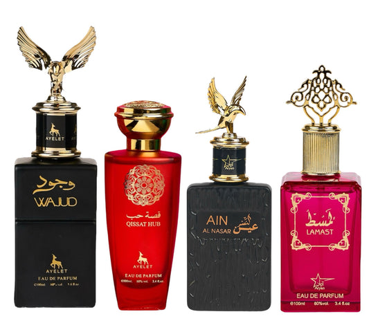 Set 4 Parfumuri Orientale ( 2xDama + 2xBarbat ) - Wajud + Qissat Hub Red + Ain Al Nasr + Lamast