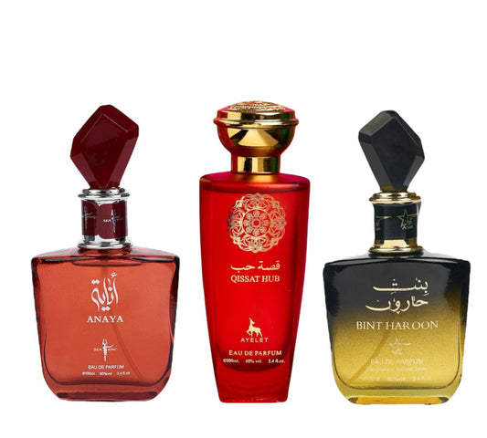 Set 3 Parfumuri Orientale de Dama - Anaya + Qissat Hub  Red + Bint Haroon